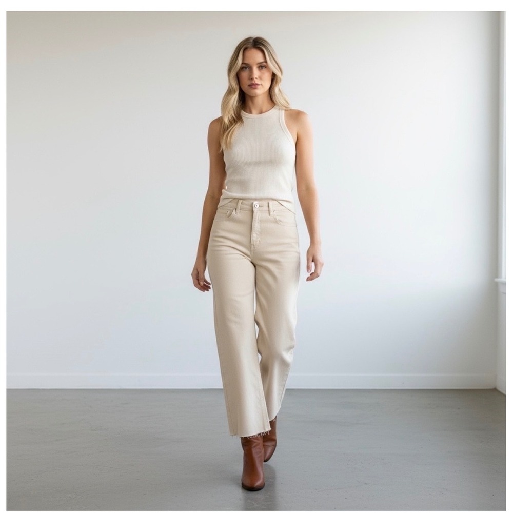 Vervet Blue Olivia Wide Leg Jeans Tan Khaki Raw Hem High Rise Size 28